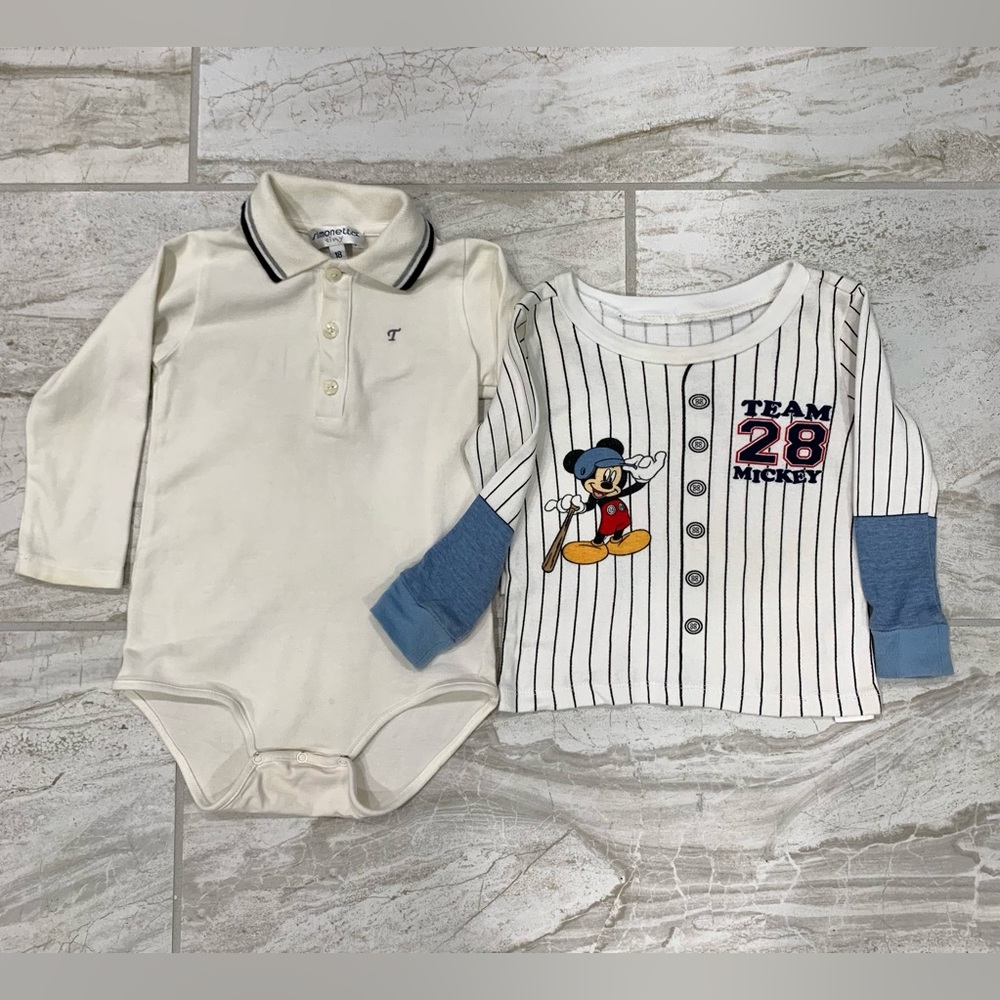 Simonetta Cream Polo Onesie and Mickey Mouse Shirt Set, Size 12-18M.
